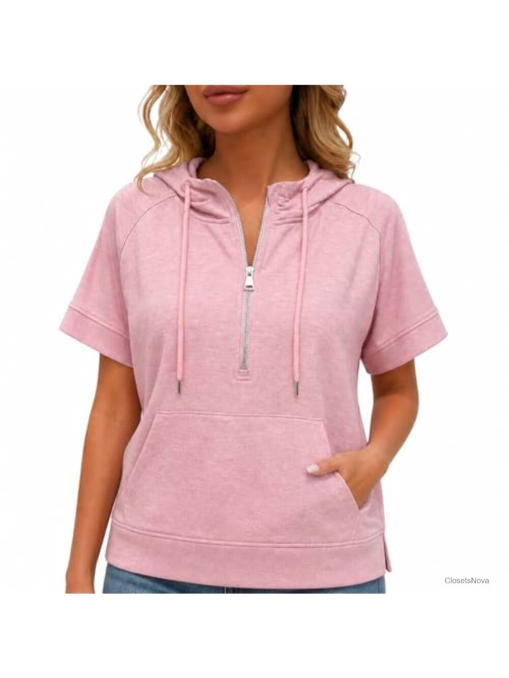 Short Sleeve Half Zip Hoodie Relaxed Fit Cotton-Blend Sweatshirt Layer